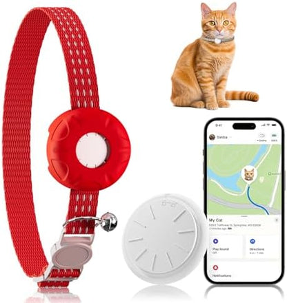 Cat Tracker, Pet Tracker for Cats, Cat Trackers Collar with Safety Elastic Buckle, Works with Any Collar,Compatible with Apple Find My App (Only iOS), No Monthly Fee, Red