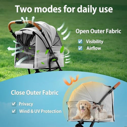 Pet Stroller for Small/Medium Dogs & Cats Up to 50 lbs, 4-Wheel One-Click Foldable Pet Stroller with Reversible Handle, Removable Pad, Cup Holder and Storage Basket (Grey)