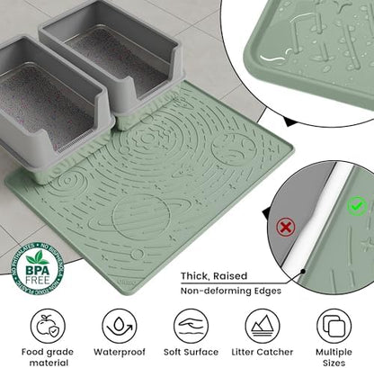 OHMO Large Cat Litter Mat 31.5x23.6" High Raised Edge Silicone, Sage Green