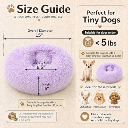 Tiny Dog Bed 15 Inch for Extra Small Dogs,Washable Puppy Bed,Soft Faux Fur Calming Donut Bed for Chihuahua Yorkie Maltese Pomeranian,Purple and White