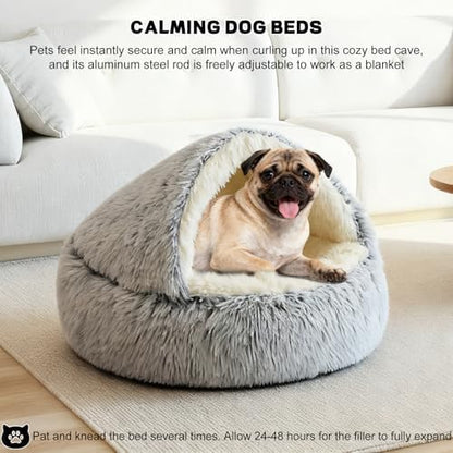 YUDANSI Calming Small Dog Bed & Indoor Cat Bed - Plush Fluffy Hooded Cave Nest, Anti-Slip Self-Warming, Removable Washable Zipper Cover, Built-in No-Collapsing Support (Grey-65cm/26in)