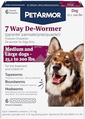 PetArmor 7 Way De-Wormer for Dogs, Oral Treatment for Tapeworm, Roundworm & Hookworm, Large Dog Dewormer (Over 25 lbs), Worm Remover (Praziquantel & Pyrantel Pamoate), 6 Flavored Chewables