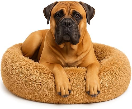 Calming Dog Bed - Fluffy Donut Cuddler for Anxiety Relief, Orthopedic Pet Bed with Non-Slip Bottom, Cozy Round Faux Fur Nest for Dogs and Cats, Plush Crate Mat for Comfort (Camel, X-Large)