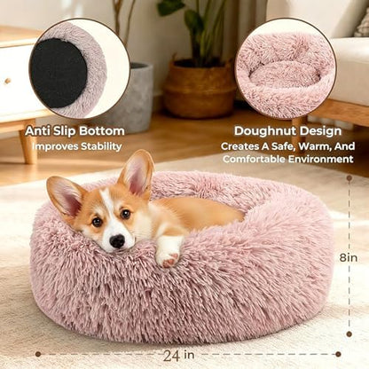 Calming Anti-Anxiety Donuts Dog And Cat Bed, Round Fluffy Soft Washable Small Medium Pet Bed For Puppy And Kitten, Cuddler Warming Comfortable Luxury Anti-Slip Waterproof Mute Base 24in Pink
