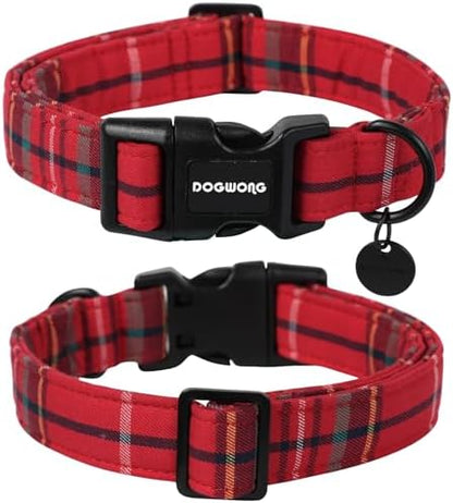DOGWONG Christmas Cotton Dog Collar, Heavy-Duty Red Plaid Dog Collar Durable Soft Fabric Pet Dog Collars Cute Christmas Red Grid Puppy Necklace for Medium Large Dogs,M