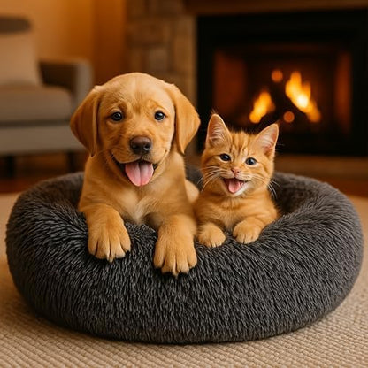 Calming Dog Bed - Fluffy Donut Cuddler for Anxiety Relief, Orthopedic Pet Bed with Non-Slip Bottom, Cozy Round Faux Fur Nest for Dogs and Cats, Plush Crate Mat for Comfort (Dark Grey, X-Large)