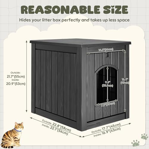 Litter Box Enclosure, Waterproof & Weatherproof Plastic Cat House for Indoor Outdoor Use, Multi-Functional Hidden Litter Box Furniture for Living Room, Backyard, Patio, Garage (Black)