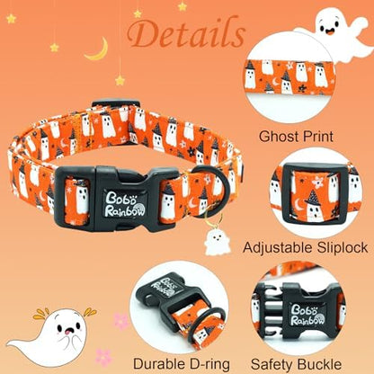 Halloween Dog Collar-Orange Ghost Print Pet Collar Fall Adjustable Cute Soft Collars Holiday Comfortable Lightweight Quick-Release Buckle Puppy Collars for X-Small Dogs