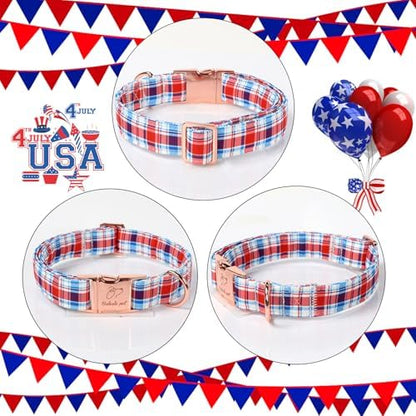 Adjustable Plaid Boy Dog Collar - Classic Boy Dog Plaid Collars for Large Dogs, Durable Red White Blue Heavy Duty Metal Buckle Pet Collar L