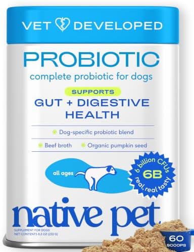 Native Pet Probiotics for Dogs – Dog Probiotic Powder for Gut & Digestive Health, Vet-Formulated 6B CFUs Dog-Specific Probiotic Strains, Supports Stool Quality & Diet Transitions – 60 Scoops