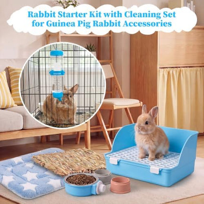 34 Pcs Rabbit Starter Kit Rabbit Litter Box Small Animal Water Bottle Cups Bunny Tunnels Animal Grooming Kit Bowl Blanket with Cleaning Set for Guinea Pig Bunny(Style 3,Light Blue)