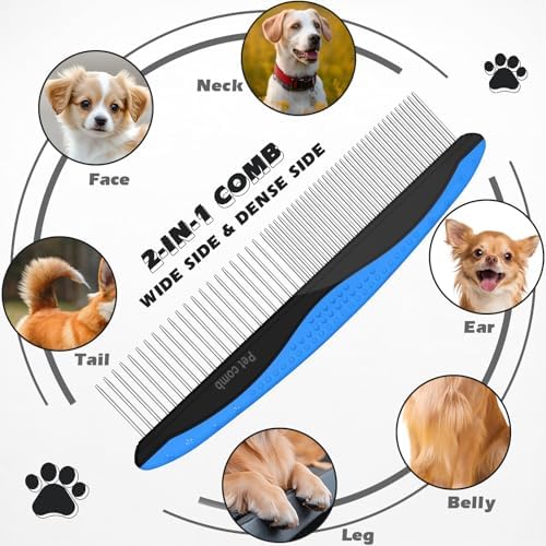 3PCS Pet Grooming Rake & Metal Comb & Flea Comb for Cats and Dogs, Double-Sided Dematting Tool, Extra-Wide Deshedding Dog Brush for Long Hair to Effectively Remove Tangles, Knots and Mats (Blue)
