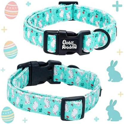 Dog Collars, Easter White Rabbit Print Blue Cotton Collar Holiday Adjustable Light Plastic Buckle Collar with Bow Pet Collar Gift for X-Small Dogs