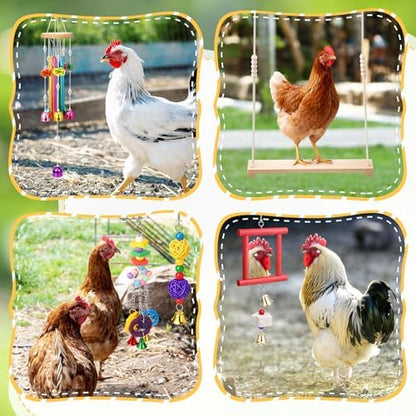 Soulchen 6 Pieces Chicken Toys for Coop Chicken Wind Chime Enrichment Toys Kits Chick Mirror with Bells Swing Hanging Chick Rattan Ball Loofah Bell for Coop Hens Chicks Poultry Birds Parrots