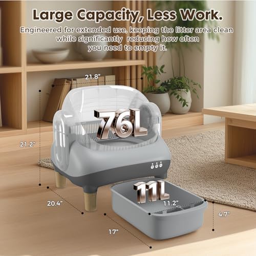 GTPLAYER Self Cleaning Litter Box, Open Top Cat Automatic Litter Box - APP Control and Weight Monitoring, Safety Sensors Protection, Ultra-Quiet, Odor Control, Includes Trash Bag& Scrub Brush, Gray