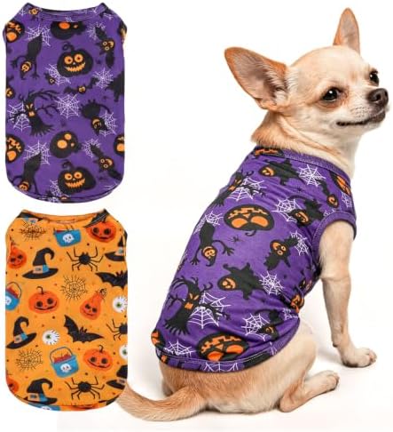 BINGPET 2PCS Dog Halloween Costume, Soft Cotton Puppy Shirt, Bat & Pumpkin