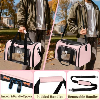 Cat Carrier Dog Carrier - Soft-Sided Cat Carrier with Plush Pad & Cooling Mat, Easy-Load 4-Side Zipper & 3-Side Mesh Ventilation, Pet Carrier Airline Approved for Cats/Dogs Up to 16 lbs, Pink