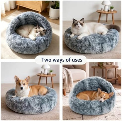 Calming Dog and Cat Cave Bed with Hooded Cover, Faux Fur, Round, Removable Washable, Anti-Slip, for Small Medium Pets (16")