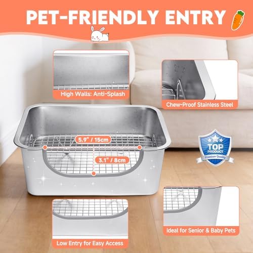 Large Stainless Steel Rabbit Litter Box with Handle - Low Entry Bunny Litter Box for Adult Guinea Pigs, Chinchillas - Includes Pee Pads, Cleaning Set & Chew Toys (15.7" x 11.8" x 5.9")