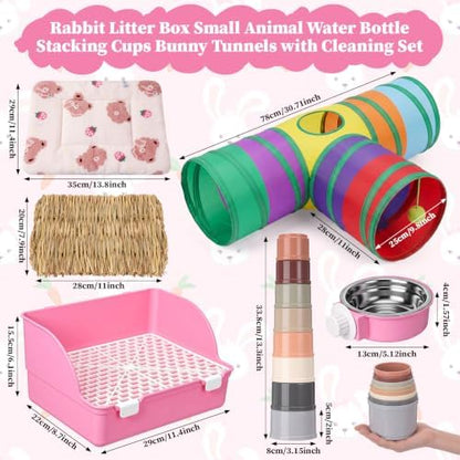 34 Pcs Rabbit Starter Kit Rabbit Litter Box Small Animal Water Bottle Cups Bunny Tunnels Animal Grooming Kit Bowl Blanket with Cleaning Set for Guinea Pig Bunny Accessories (Style 2,Pink)