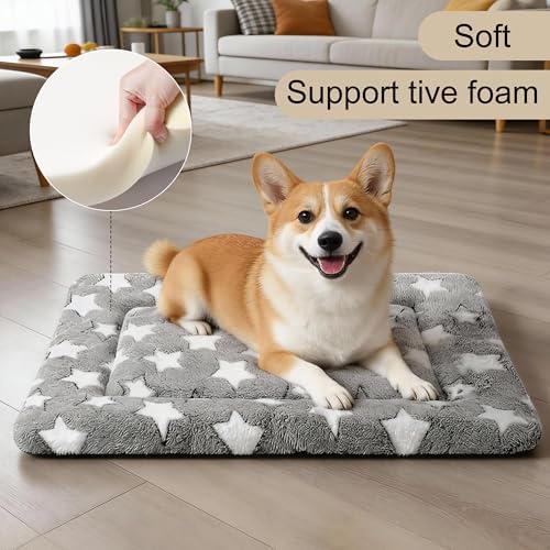 Dog Crate Mat, 4 Piece Reversible Pet Bed, Polyester, Machine Washable, Small Dogs & Cats, Rectangular (Gray Star, 24" L x 18" W x 1.5" Th)