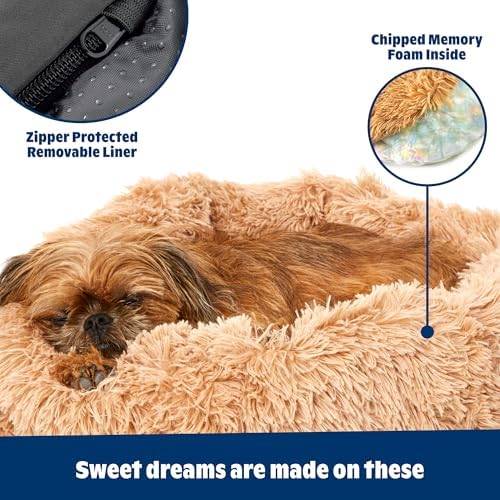 Barkbox Dog Bed Memory Foam Donut Cuddler - Calming Orthopedic Joint Relief Fur Crate Lounger for Pets, Machine Washable + Removable Cover, Waterproof Lining, Includes Toy - Larger Pets - 65lbs