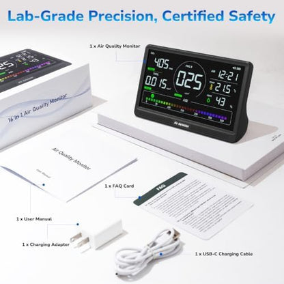 Fil-Fresh 16 in 1 Air Quality Monitor Indoor, CO2 Monitor Air Quality Tester with 9 Display+7 AQI Alerts for CO2, TVOC, HCHO, PM2.5, PM1.0, PM10, Time, Temperature, Humidity Meter, 7" Display (Black)