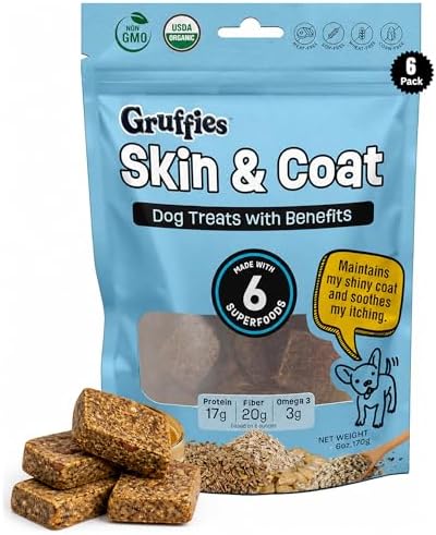 Gruffies Skin & Coat Dog Treats, Peanut Butter Dog Treats with Flaxseed, Kelp & Blueberries, USDA Organic, Non-GMO, Soy-Free, Wheat-Free, Corn-Free, Made in Canada, 6 oz (Pack of 6)