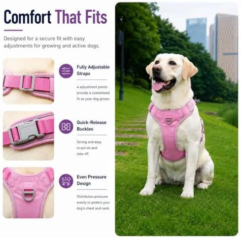 PawWave No Pull Dog Harness with Built-in Hidden AirTag & GPS Tracker Holder, Reflective Adjustable Escape-Proof Vest Harness for Small & Medium Dogs (Hot Pink, L)