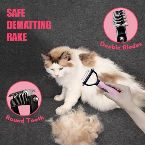 Cat Brush for Shedding 5pcs - Long Haired Cats Brush, Indoor Cats Brush, Small Dogs Brush, Matted Fur Hair Brush with Flea Comb Set, Pink