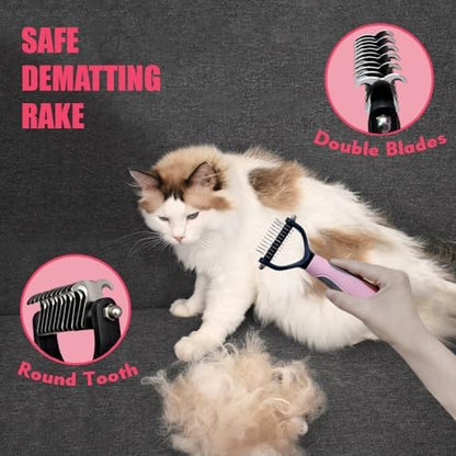 Cat Brush for Shedding 5pcs - Long Haired Cats Brush, Indoor Cats Brush, Small Dogs Brush, Matted Fur Hair Brush with Flea Comb Set, Pink