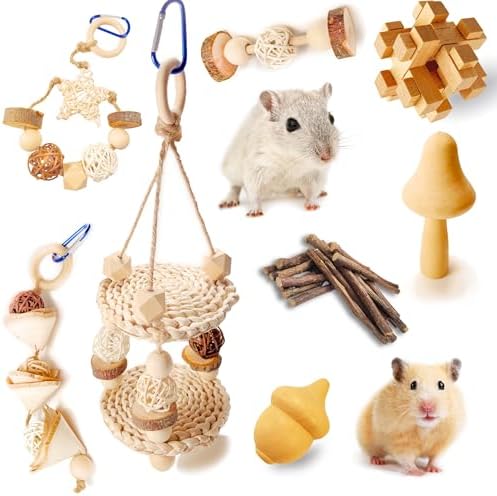 Hamster Toys for Hamster, Gerbils, Mice, Rats - Natural Wood Chew Toys for Small Animals, Syrian & Dwarf Hamster Cage Accessories to Relieve Boredom, Promote Molar Teeth Grinding & Reduce