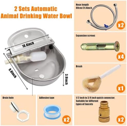 2-Pack Automatic Livestock Waterer, 304 Stainless Steel Auto Fill Drinking Bowl with Float Valve, Drainage Hole & Protective Baffle, Wall Mount or Floor Stand, for Dogs, Chickens, Horses, Goats, Pigs