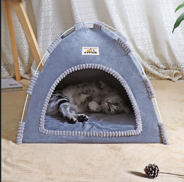 Indoor Outdoor Pet Tent Cat Cave House Portable Easy Assembly Cat Bed Cave with Warm & Cozy Pad Lightweight Durable Washable Shelter for Cats Small Dogs Puppies and Other Small Animals-Dark Gray