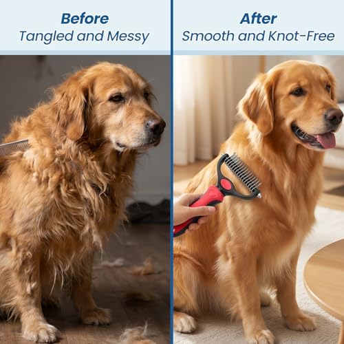 Pet Grooming Rake for Dogs and Cats - 4-in-1 Deshedding Dematting Kit with Double-Sided Undercoat Rake and Metal Comb for Long & Short Haired Pets, Reduces Shedding 95%