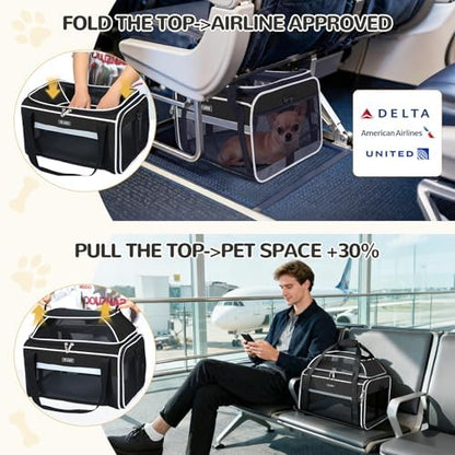Lekereise Top-Expandable Pet Carrier 18x11x11Inch Delta American United Airline Approved Soft Sided Underseat to 15lbs Travel Carriers for Small Dogs Cats with Locking Safety Zippers Anti-Scratch Mesh