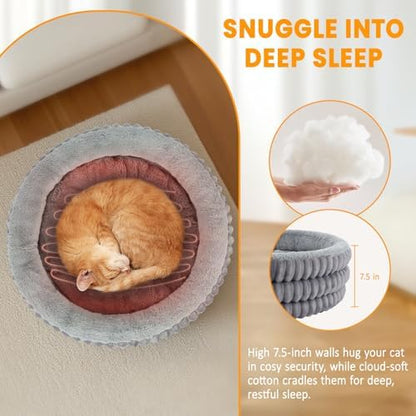 Heated Cat Bed Indoor, 20" Round Donut Deep Sleep Calming Heated Pet Beds for Cats and Small Dogs, Comfort Electric Thermal Cat Warming Bed with Adjustable Heating Pad, Washable and Indoor Use