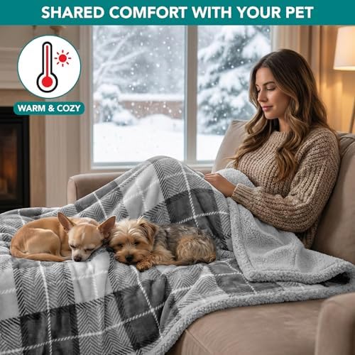 PetAmi Waterproof Dog Blanket for Small Puppy Cat, 29x40, Plaid Light Grey