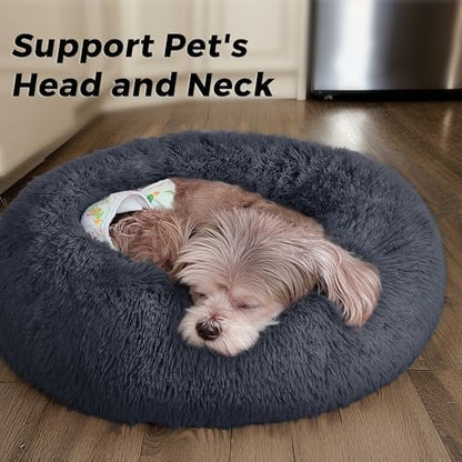 Calming Round Dog Bed with Anti-Slip Bottom, Medium Size Washable Anti-Anxiety Donut Dog Beds for Medium Dogs, Fluffy Plush Soft Dog Bed(27 Inch, Dark Brown)