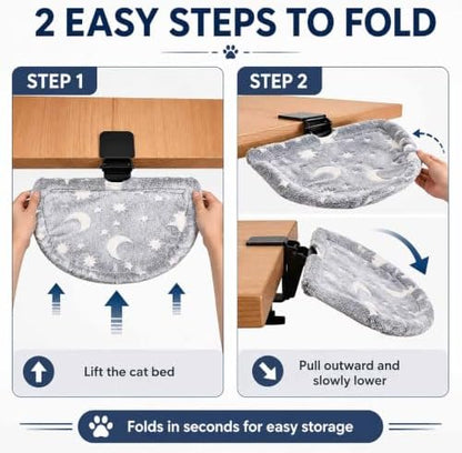 Cat Desk Bed with 2 Covers - Glow in the Dark Plush & Breathable Mesh, Foldable Cat Hammock Perch with Larger Contact Clamp, Removable Washable Covers, Metal Frame, Grey, 50 lb Weight Capacity