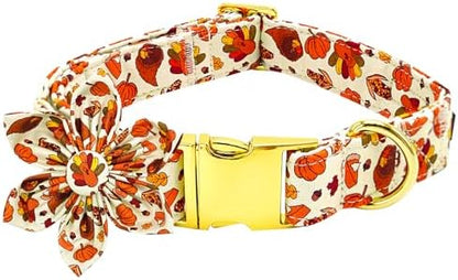 Dog Collar Thanksgiving Day Holiday Turkey Print Pet Collar Soft Cute Dog Collars with Flower Adjustable Metal Buckle Collar for X-Large Dogs