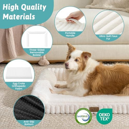 COZY KISS Ultra Soft Faux Rabbit Fur Dog Bed for Medium Dogs – 36"x27" Orthopedic Foam Couch, Removable Washable Cover & Waterproof Lining, Cream
