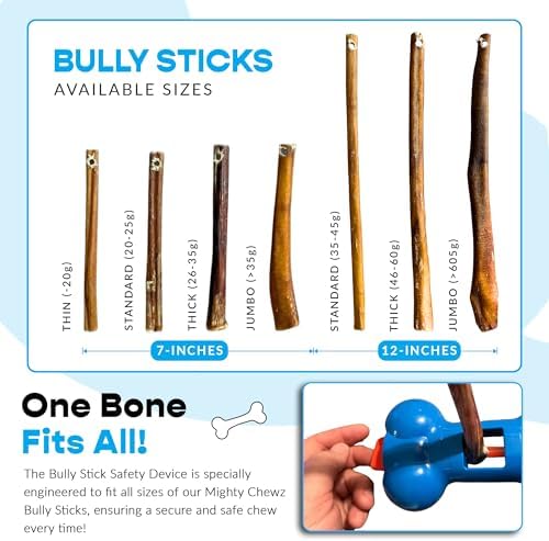 7" Thick Bully Sticks (5 Pack) with Bully Stick Safety Device - No Choking/All Natural Pizzle Sticks and Bully Stick Holder