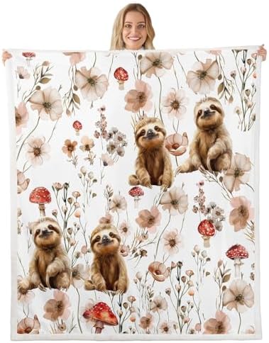 Erosebridal Kawaii Sloth Blankets and Throws 60"x80",Mushroom Sloth Blanket Throw for Girls Women,Cute Animal Print Fleece Blanket Farmhouse Wild Flower Sherpa Blanket for Bedroom Decor