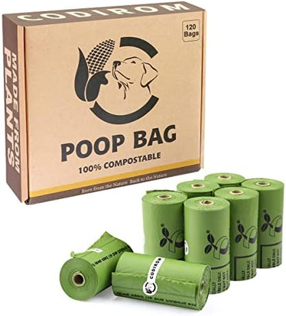 Certified Home Compostable Dog Poop Bags, 120 Plant Based Bags (8 Rolls)