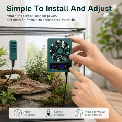 Reptile Ventilation Fan, Auto Temperature/Thermometer Control LED Digital Humidity Gauge, °C/°F Switchable Dehumidifier for Reptile Tank, Rainforest, Ecological Pet Rearing Box