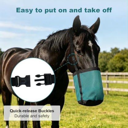 Horse Feed Bag for Grain, Breathable Muzzle Feed Bags for Horses, Universal Mesh Feedbag for Feeding Grain, Anti-Spill Design Feeder, Durable Nose Bag with Solid Bottom (Turquoise)