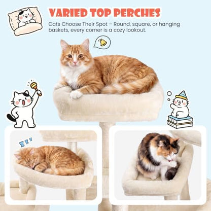 SHA CERLIN 83 in Cat Tree Tower for Indoor Adult Felines 20lbs+/Multi-Level Heavy Duty Cat Tower for Big Maine Coon/Giant Perches/Wide Baseboard/Sisal Scratching Posts/Cozy Condos/Beige