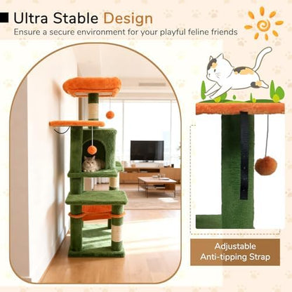 DORTALA Cat Tree for Indoor Cats, 44" Modern Cat Tower with Top Perch, Condo, Hammock, Sisal Scratching Posts, Dangling Balls, Platforms, Multi-level Pet Climbing Furniture Playground (Green & Orange)
