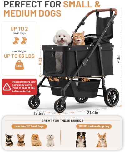 Dog Stroller for Medium & Large Dogs Up to 66 lbs, Pet Stroller for 2 Small Dogs with Adjustable Handle & Canopy, Sun Shades, Storage Organizer, Foldable & Ventilated,Black